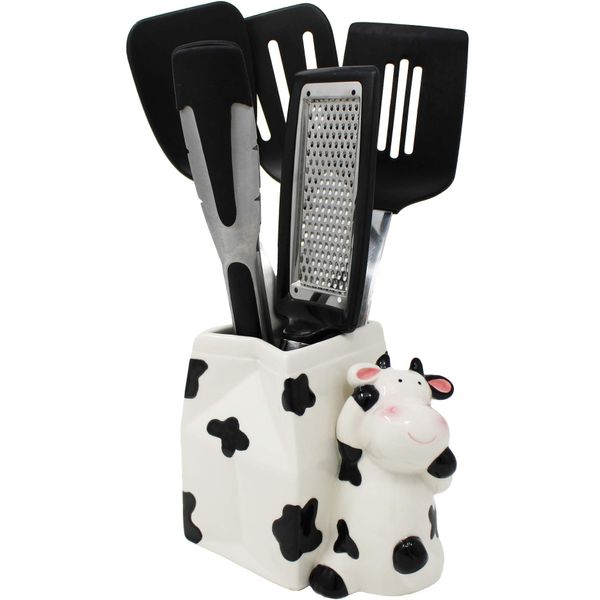 Sixdrop Cow Utensil Holder | Kitchen Crock Storage | Cow Print Stuff Accessories Decoration | Cute Cow Gifts For Women | La Vaca Animal Cow Decor | Countertop Cow Stuff Vase