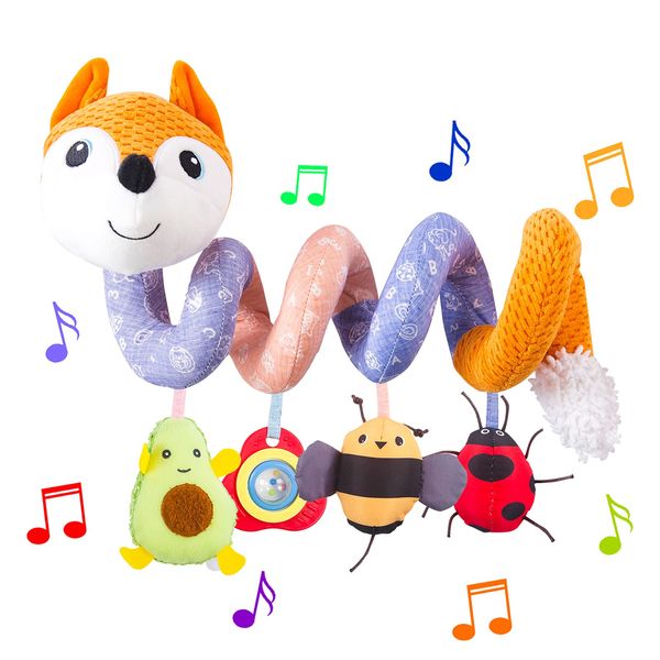 HILENBO Car Seat Toys, Infant Baby Orange Fox Spiral Plush Activity Hanging Toys for Car Seat Stroller Bar Crib Bassinet Mobile with Music Box BB Squeaker and Rattles（Orange）