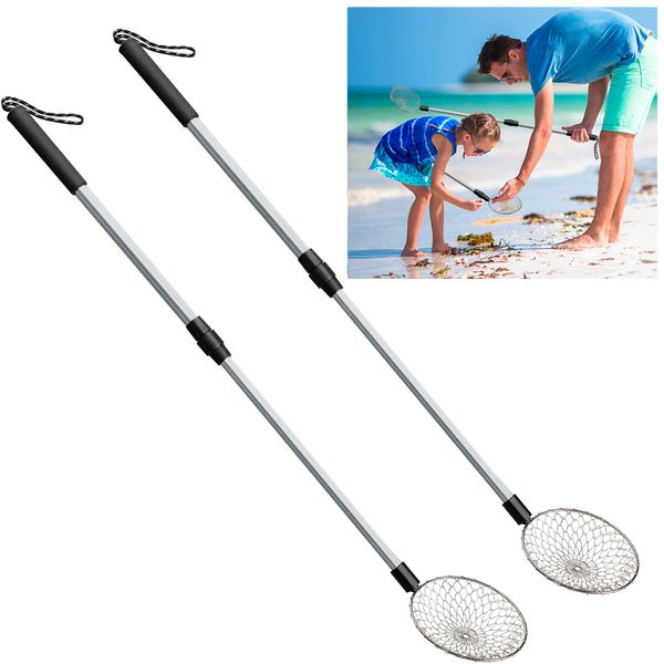 2 Pack 5.3 Inch Beach Sand Sifter- 22~35 Inch Adjustable Shark Tooth Sifter- Sand Scoop Shell Scooper for Beach- Beach Scoop Shovel and Sifter Tool for Picking Up Shells Beachcombing & Rock Hunting