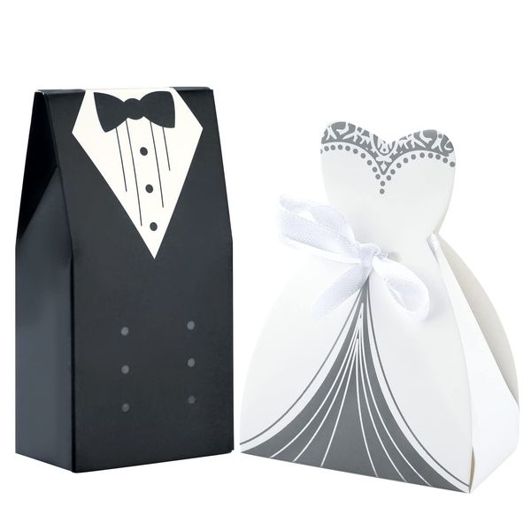 G2PLUS 100PCS Wedding Favor Boxes - 50 Pairs Bride and Groom Wedding Candy Boxes - Small Wedding Favors Boxes with Ribbons for Wedding Occasions