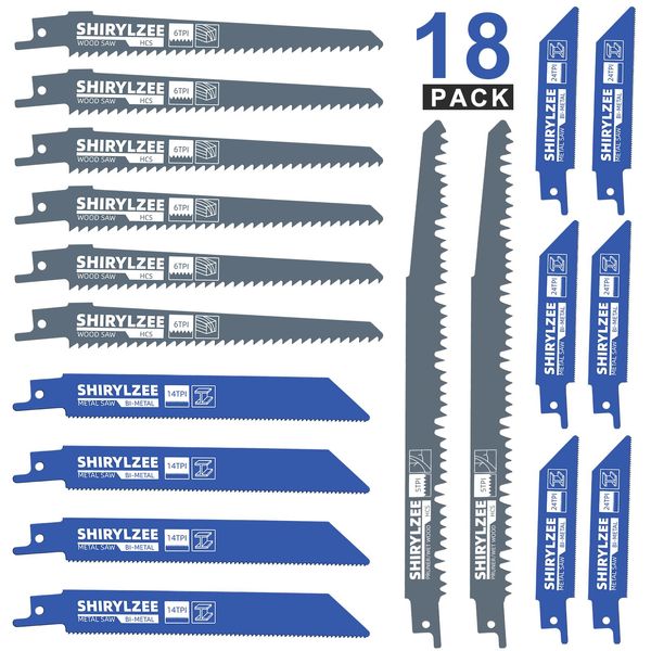 shirylzee 18 PCS Reciprocating Saw Blades,Shirylzee Sabre Saw Blades,10 PCS for Metal Cutting,8 PCS for Wood Cutting,Fits All Reciprocating Saw, Black