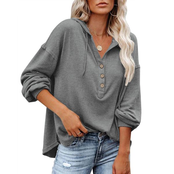 PLOKNRD Damen Oversized Sweatshirt Langarm Button Down Kapuzenpullover mit Kordelzug52-54 （Dunkelgrau,2XL