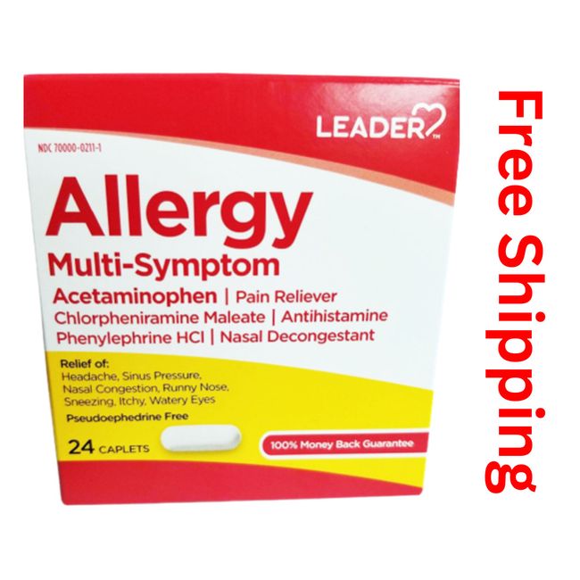 Leader Allergy Multi-Symptom Acetaminophen Pain Reliever Caplets 24Ct-Pack of 12