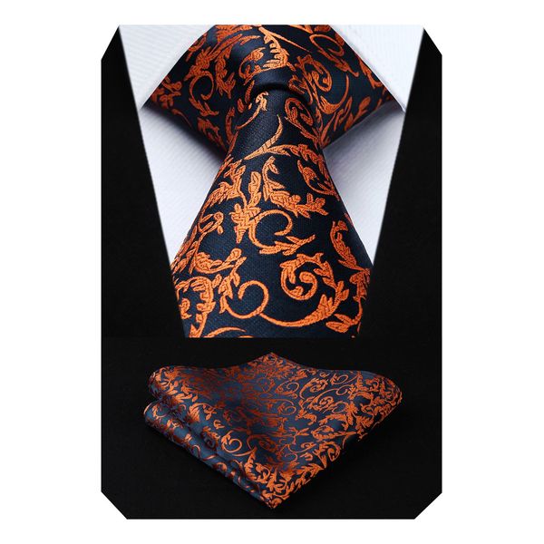 HISDERN Floral Paisley Wedding Tie Handkerchief Men's Necktie & Pocket Square Set, One Size, Orange / Navy Blue