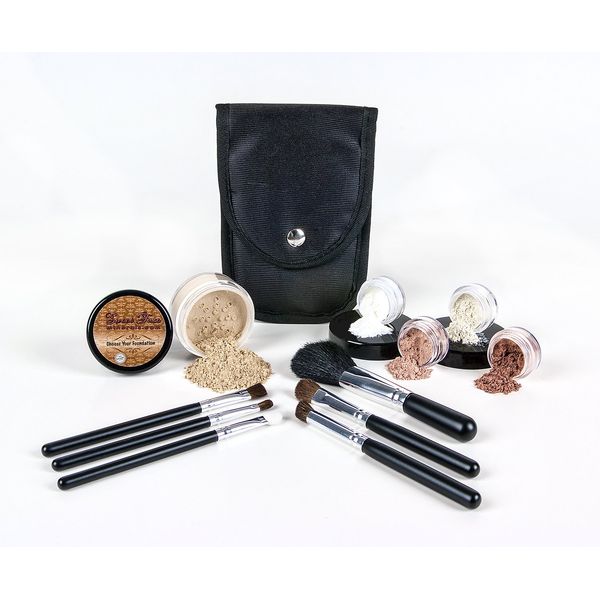 STARTER KIT with BRUSH SET (WARM Neutral Shade-Most Popular) Mineral Makeup Kit Bare Face Loose Powder Natural Matte Foundation Cover