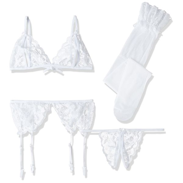 Petit Angel Sexy Lingerie 4-Piece Set, Bra & Thong Panties, Garter Belt & Stockings (Plain) (Color White)