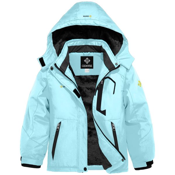 GEMYSE Girl's Waterproof Ski Snow Jacket Fleece Windproof Winter Jacket with Hood (Light Sky Blue,10/12)