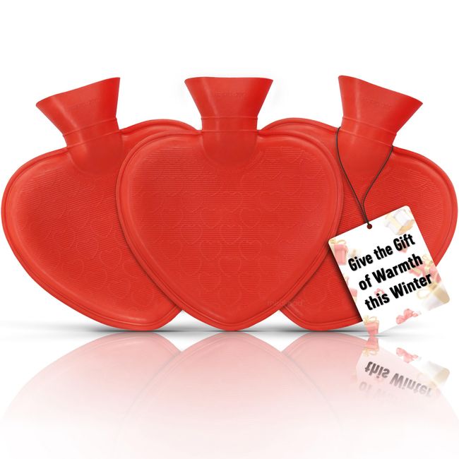 Medipaq Pack of 3 Large Heart Shaped Hot Water Bottle - 1 Litre Ribbed Hot Water Bottles - Natural Rubber Hot Water Bottle Without Cover UK Brand - Large Hot Water Bottle 3L