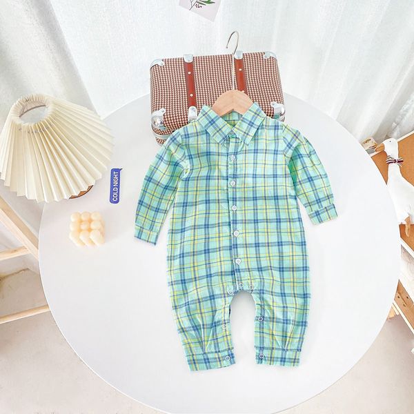 Baby Boy Classic Plaid Pattern Lapel Design Long Sleeve Rompers - 66 (3-6M) / Green