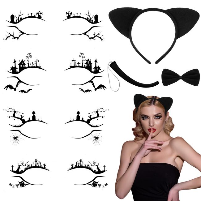 BBTO 7 Pcs Cat Cosplay Set Includes Cat Ears Headband Cat Bow Tie Cat Tail and 4 Pairs Eyeliner Stickers Animal Dress for Women Girls Festival Mardi Gras Graduation Masquerade Party