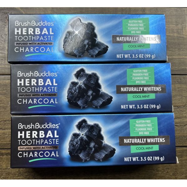 (3) Brush Buddies Herbal Toothpaste 3.5oz Activated Charcoal Cool Mint