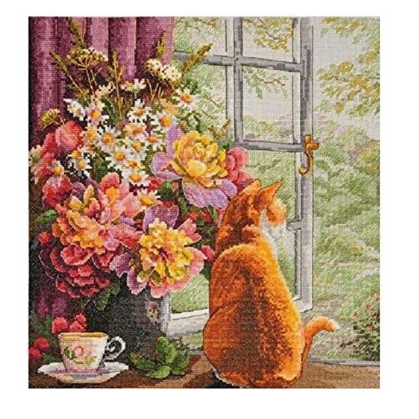 Cat and Tea Counted Cross Stitch Kit Egyptian Cotton Floss, Counted Cotton Cat Cross Stitch Kit