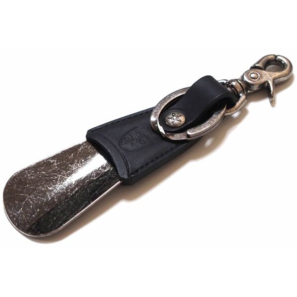 Shoe Horn, Made in Japan, Mobile, Genuine Leather, Brass, Shoe Horn, Key Holder, Black, 5.9 x 1.4 inches (15 x 3.5 cm), DONOK Stellina