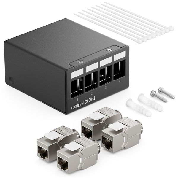 deleyCON 4 Port Patchpanel Set Patchfeld Verteilerfeld 1 HE + 4x RJ45 Keystone Jack Modul STP CAT6a Kompatibel mit Verlegekabel CAT6 CAT6a CAT7 Netzwerkkabel Ethernet LAN DSL - Schwarz