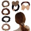 Hair ties Fashionable hair ties Adult cute hair ties [6-piece set] Hair ties set Daily use Brown Heart-shaped hair ties, bow hair ties, silk hair ties