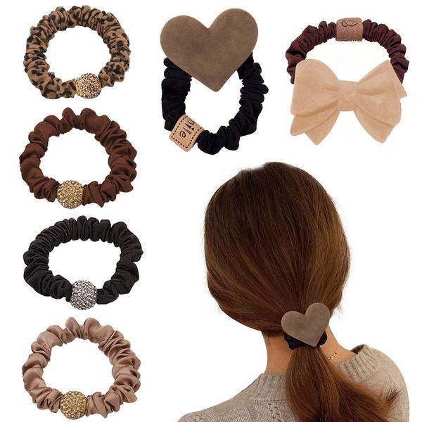 Hair ties Fashionable hair ties Adult cute hair ties [6-piece set] Hair ties set Daily use Brown Heart-shaped hair ties, bow hair ties, silk hair ties
