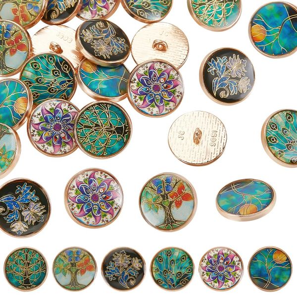 OLYCRAFT 24Pcs 6 Styles Alloy Enamel Shank Buttons Plant Theme Metal Blazer Buttons 20x8mm Flower Tree Vintage Shank Buttons Round Sewing Shank Buttons for Blazer Suits Coat Uniform and Jacket