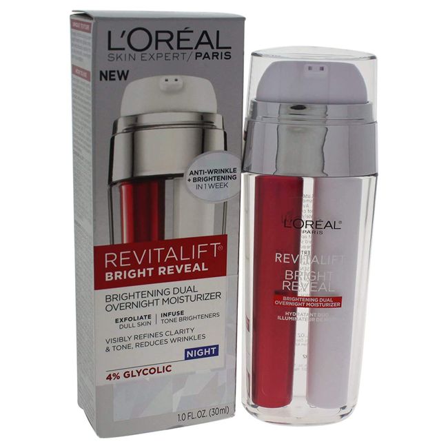 L'Oreal Paris Skincare Revitalift Bright Reveal Dual Overnight Moisturizer to Exfoliate Dull Skin, Reduce Wrinkles, Diminish Look of Dark Spot and Visibly Refine Tone and Clarity, 1 fl. oz.