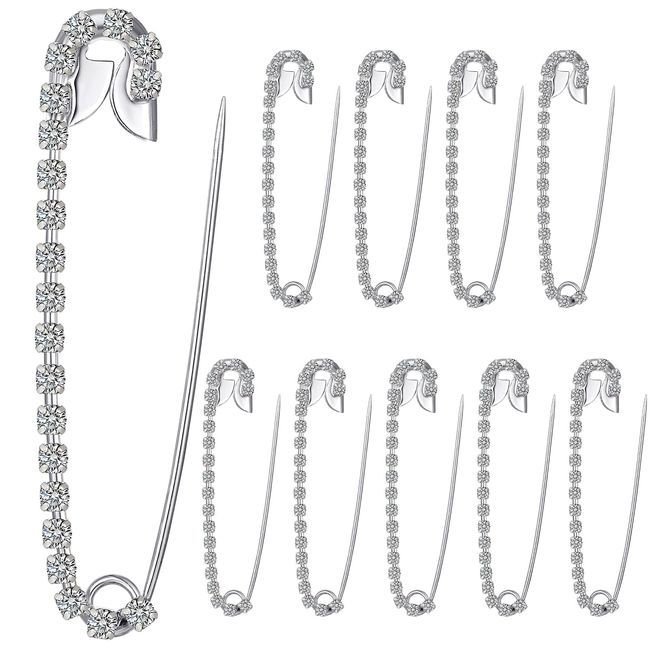 Housweety 10 Silver Tone Rhinestone Safety Pins Brooches 5.8x1.2cm