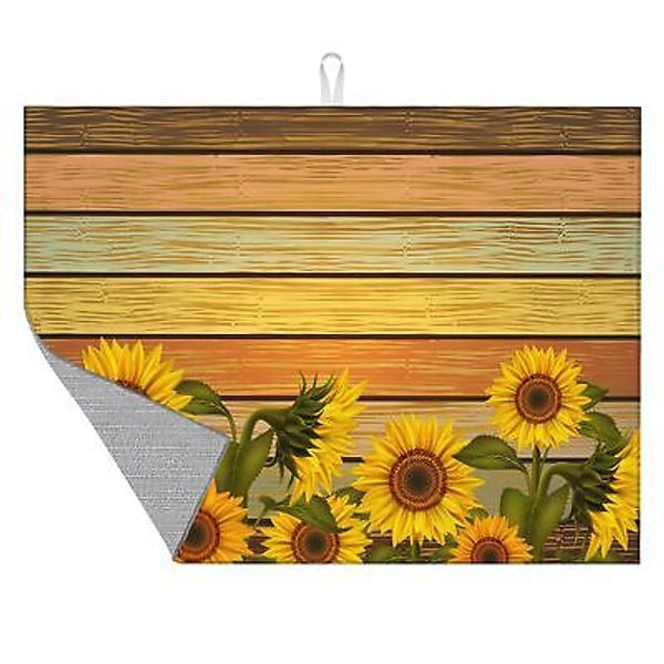 Dish Drying Mat for Kitchen CounterSunflowers and Wooden Board Dish Mat Micro...