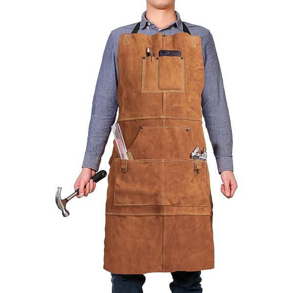 QeeLink Leather Work Shop Apron with 6 Tool Pockets Heat & Flame Resistant Welding Apron, 24" x 36", Adjustable M to XXL