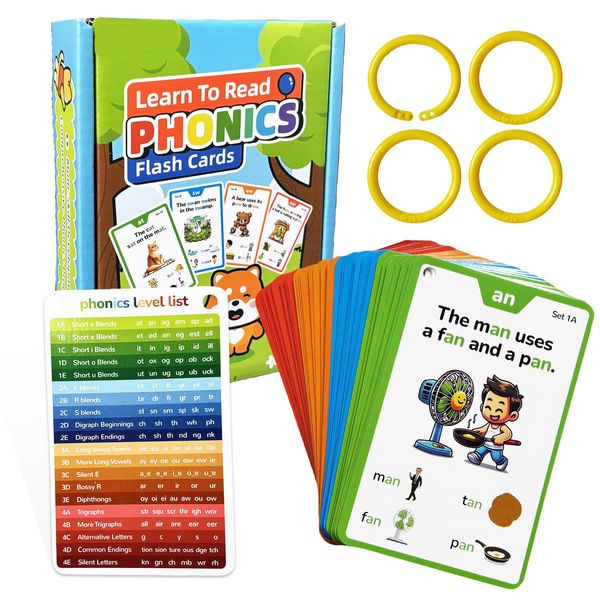 TUNJEJINY Phonics Flash Cards, Learn to Read Spelling Reading Sight Words-Digraphs CVC Blends Long Vowel Sounds Dolch Word Game Educational for Kindergarten F1st 2nd 3rd Home School Study Activity