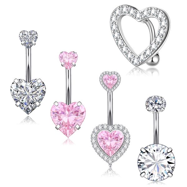 Gemtastic Cute Pink Heart Surgical Steel Belly Button Rings Belly Piercing Jewelry Belly Rings for Women Navel Piercing Jewelry