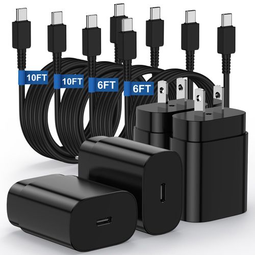 Essri 25W Super Fast Charger Block for Galaxy S24 Ultra/S24/S24+/S23 Ultra/S23/S22 Ultra/S22/S21 Ultra/S20 Ultra/Note 20,4Pack USB Type C Wall Charger with (6Ftx2 10Ftx2) USB C Charger Cable