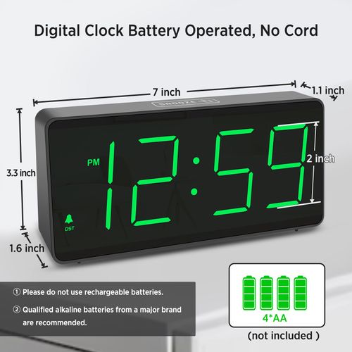 Peakeep Battery Operated Digital Clock, Alarm Clock for Bedrooms - Cordless Large Big Numbers 4 Dimmers for Seniors, Adjustable Volume Loud Alarm Clock for Heavy Sleepers Adults (Green Digits)