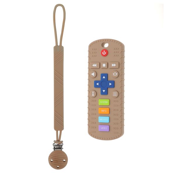 Pacifier Clip Holder + TV Remote Control Shape Silicone Teether Chew Toys for Toddlers, BPA Free (Sand)