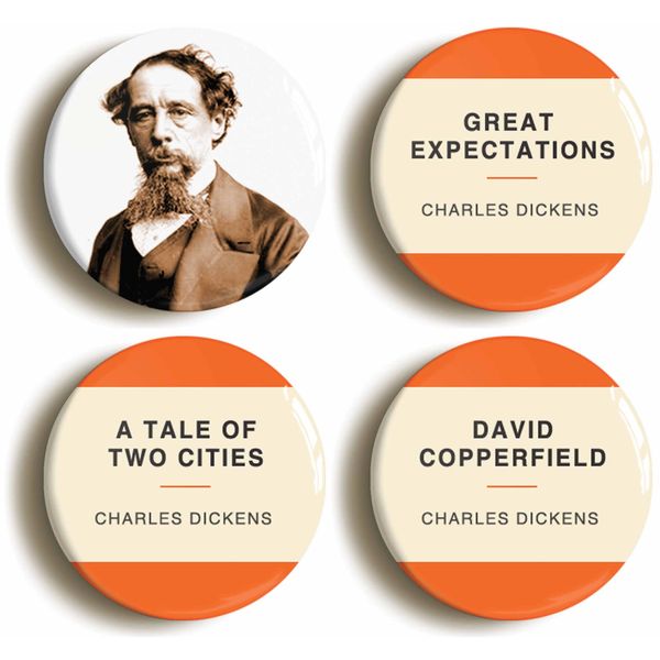 CHARLES DICKENS BADGE BUTTON PIN SET (Size is 1inch/25mm diameter) GREAT EXPECTATIONS