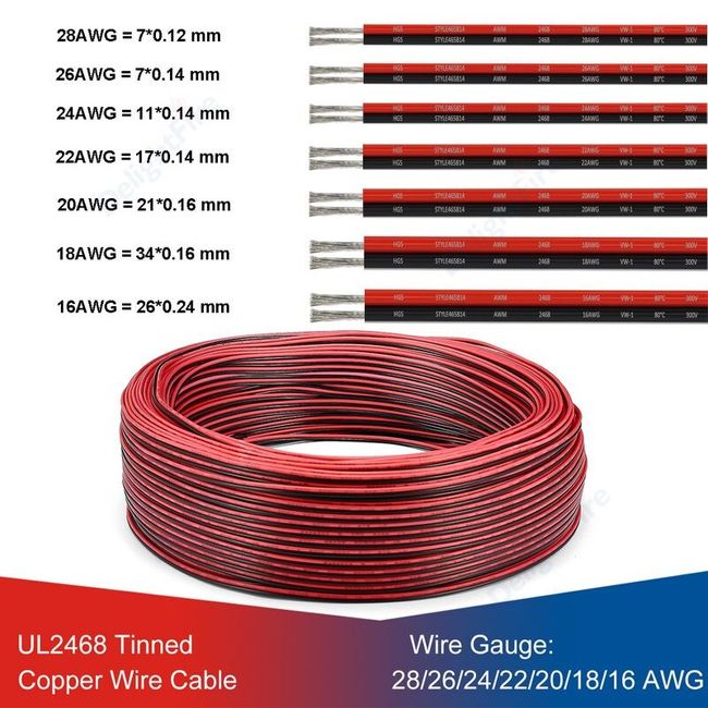5m/10m/20m UL2468 2 Pins Electrical Wire 16/18/20/22/24/26/28/30