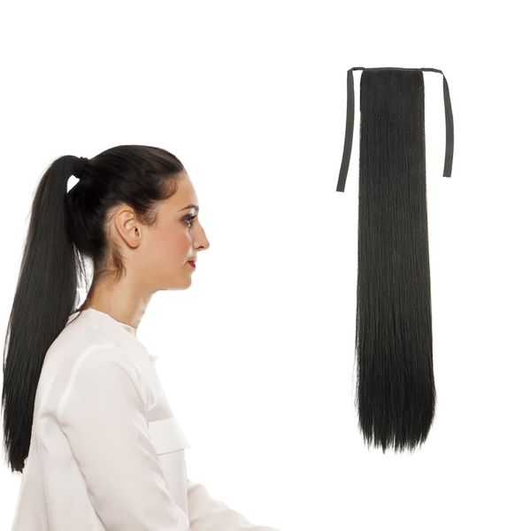 Traziewell Black Hair Extensions Ponytail Wrap Around Ponytail Hair Extensions Straight One Piece Hair Piece Synthetic Tie Up Ponytail Extensions 2205-60