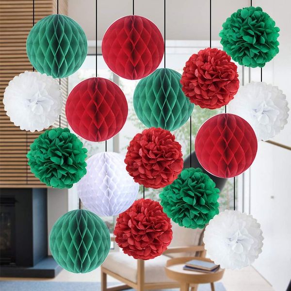 Kungfu Mall 18PCS Christmas Decoration Honeycomb Balls Pompoms Flower Balls Tissue Paper Pom Poms for Christmas Party Supplies Xmas Hanging Accessory