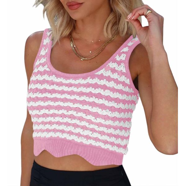 Saodimallsu Damen Gestreifte Tank Top Rundhalsausschnitt Sommer Sexy Y2k Ärmelloses Shirts Crochet Cotton Knit Slim Fit Top Rosa Groß