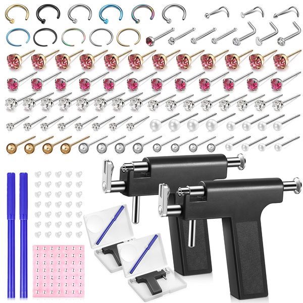 Honoson 158 Pieces Nose Ear Piercing Machine Kit Disposable Body Nose Navel Stud Earrings for Women Girls (Black)