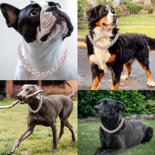 Pink Dog Chain Collars for Large Dogs,Bling Cuban Link Dog Collar Rhinestone Cat Chain Sparkly Glitter Girls Female Kitten Diamond Puppy Necklace for Small Medium Large Pet,24 Inch