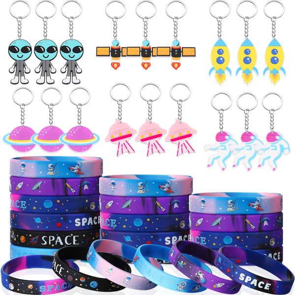 Aoriher 48 Pcs Space Party Favors Outer Space Rubber Bracelets Silicone Wristbands Space Theme Keychains Space Party Goodie Bag Fillers for Galaxy Birthday Party Supplies Boys Girls Classroom Rewards