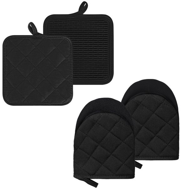 Oven Mitts and Pot Holders Set, Pack of 4, Heat Resistant Silicone Kitchen Mini Oven Mittens for 500 Degrees, Mini Oven Gloves and Hot Pads for Baking Grilling Barbecue Microwave Machine Washable