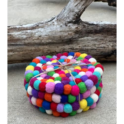 Fair Trade Rainbow Felt Ball Drink Office Coasters Nepal Set of 4pcs (Large)