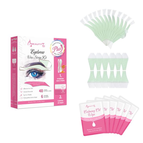 Beauty7 Augenbrauen Wachsstreifen vorgeschnitten augenbrauen wachs 48stk augenbrauen wax streifen mit 6stk Reiniger Öl Tücher Schmerzfrei enthaarungsstreifen augenbrauen schnell persian wax strips