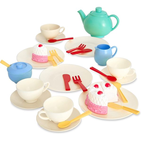 Casdon 36-Piece Tea Set - Colorful Toy Playset with Teapot, Milk Jug, Cups & Saucers, Cake, & More - Suitable for Preschool Toys - Playset for Children Aged 3+