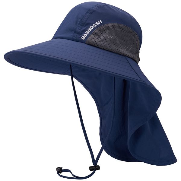 Bassdash Fishing Hat, UV Protection, Wide Brim, Hat with Neck Shade, Sun Hat, Water Repellent, Sweat Absorbent, Quick Drying, Includes Ponytail Hole, Fishing Hat, blue (dark)