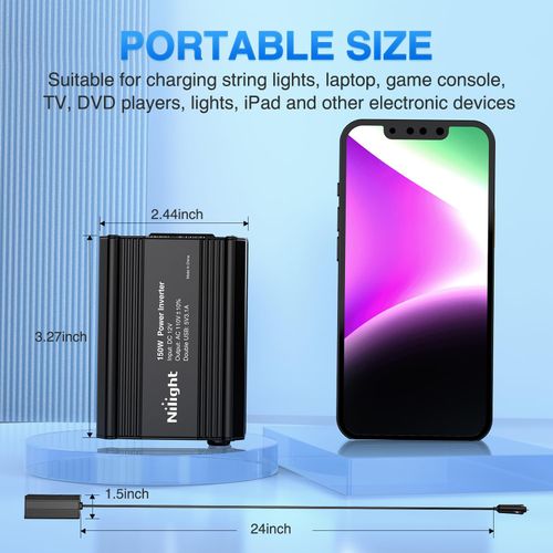 Nilight 150W Power Inverter 12V DC to 110V AC Car Charger Converter with 3.1A Dual USB Ports and 1 AC Outlets for Phones Tablets Laptop Computer Game Console Kindle iPad DVD Players Black