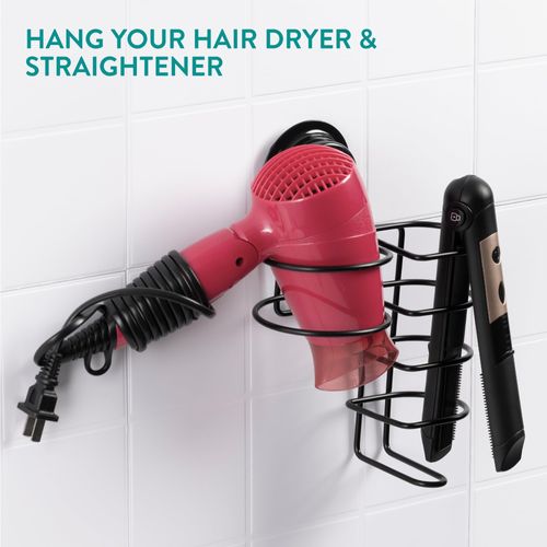 Navaris Hair Dryer and Flat Iron Holder - Suction Cup Wall Mount Blow Dryer and Straightener Mounted Storage Organizer for Bathroom - Stainless Steel - Black