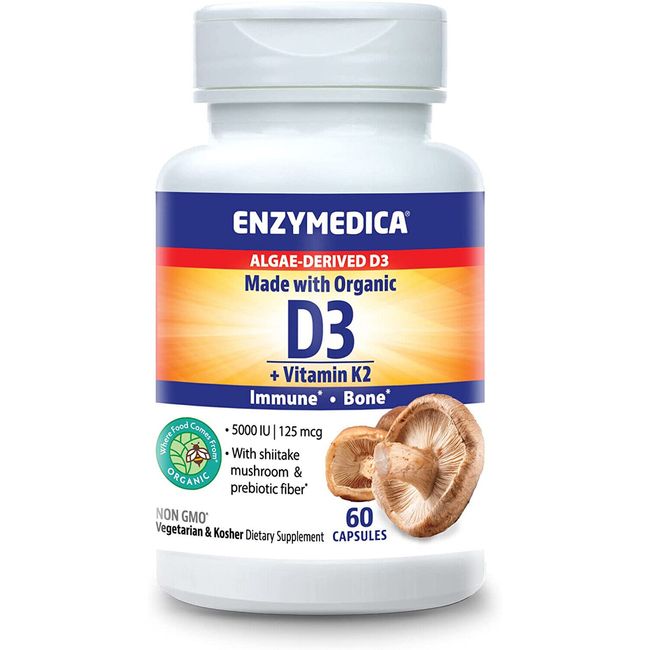 Enzymedica Organic Vitamin D3 +K2, Immune & Bone Health, 60 Vegetarian Capsules