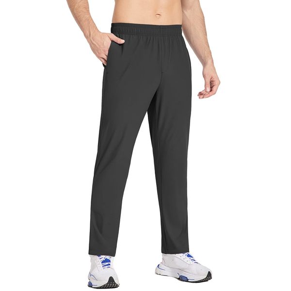 BALEAF Men's Running Pants Elastic Waist Lightweight Jogging Stretch Golf Workout Pants with Zipper Pockets Black M