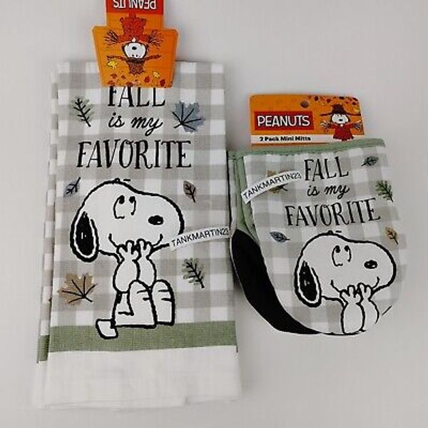 Set of 4 Peanuts Snoopy Oven Mitts & Kitchen Towels Fall Is My Favorite Autumn