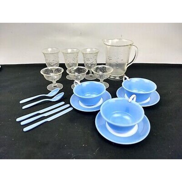 Vintage Banner Plastic Play Dishes Pitcher Cups Tea Saucers Blue Clear Utensils