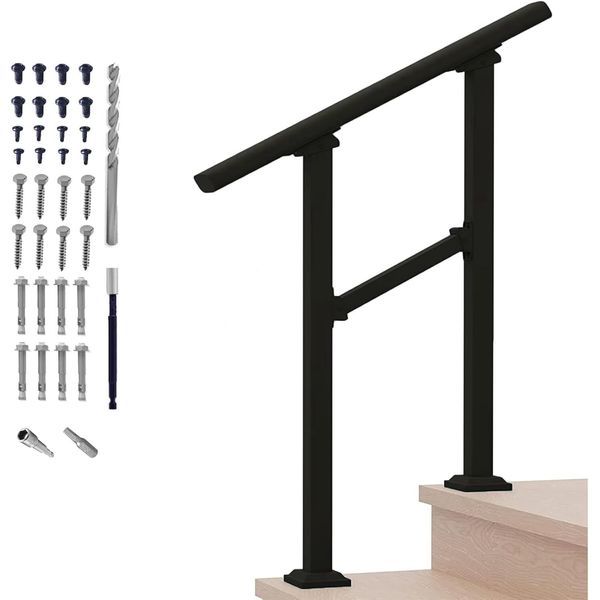 Hand Rails for Outdoor Steps,2 Step Stair Handrail & 2 Step, Black-Straight